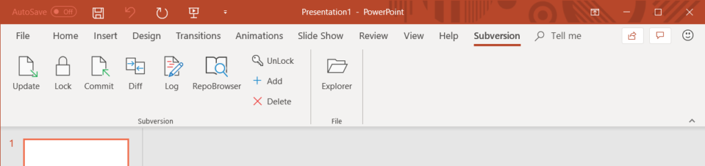 MSOfficeSVN ribbon in MS PowerPoint 2016