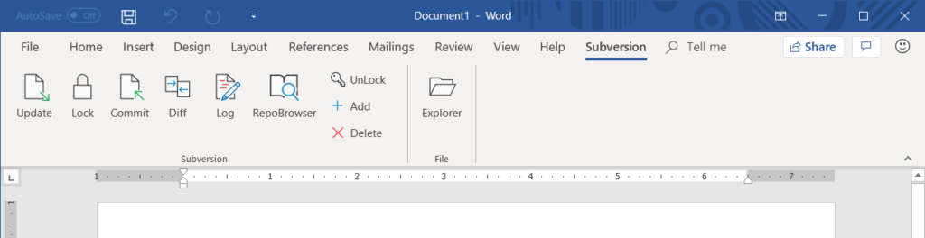 MSOfficeSVN ribbon in MS Word 2016